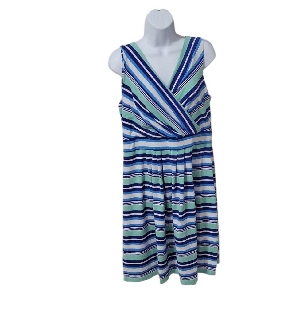 Lands' End Blue and Green Striped Dress Large